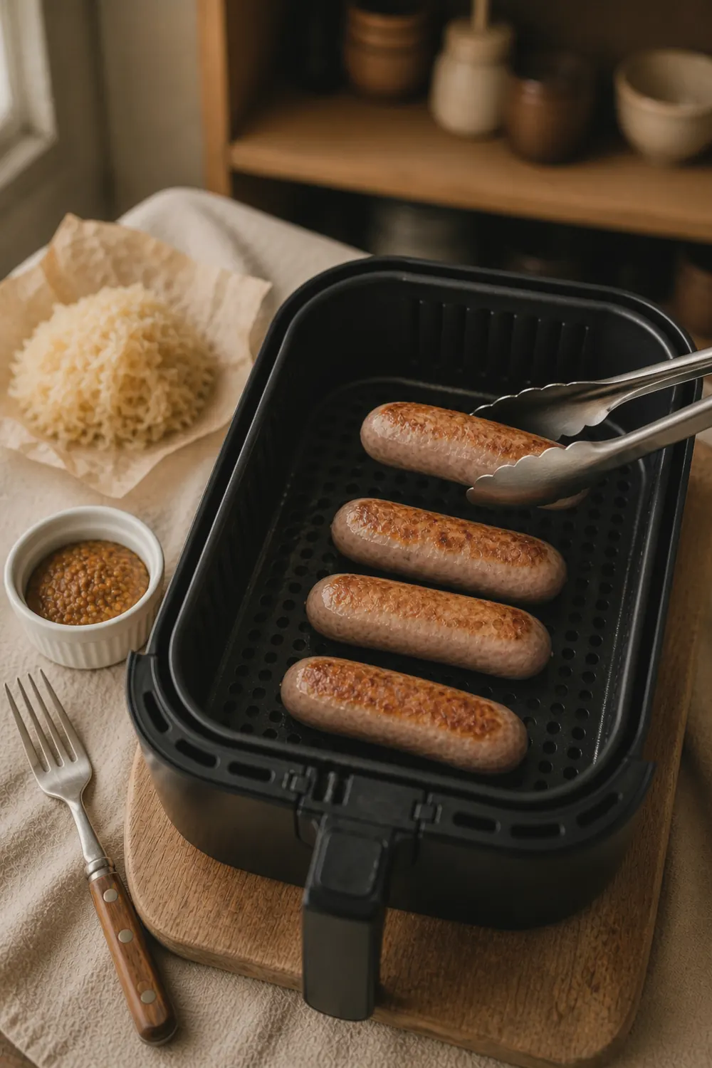 Bratwurst cooking in air fryer basket halfway through with golden browning