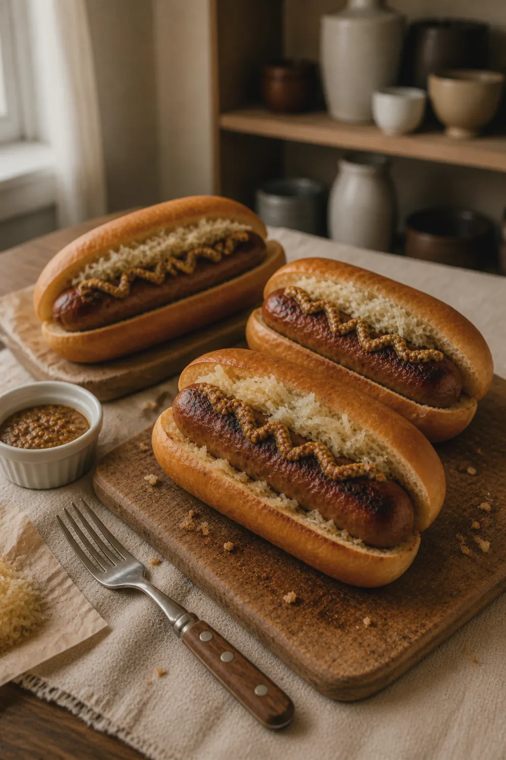 Finished air fryer brats in toasted hoagie buns with mustard and sauerkraut