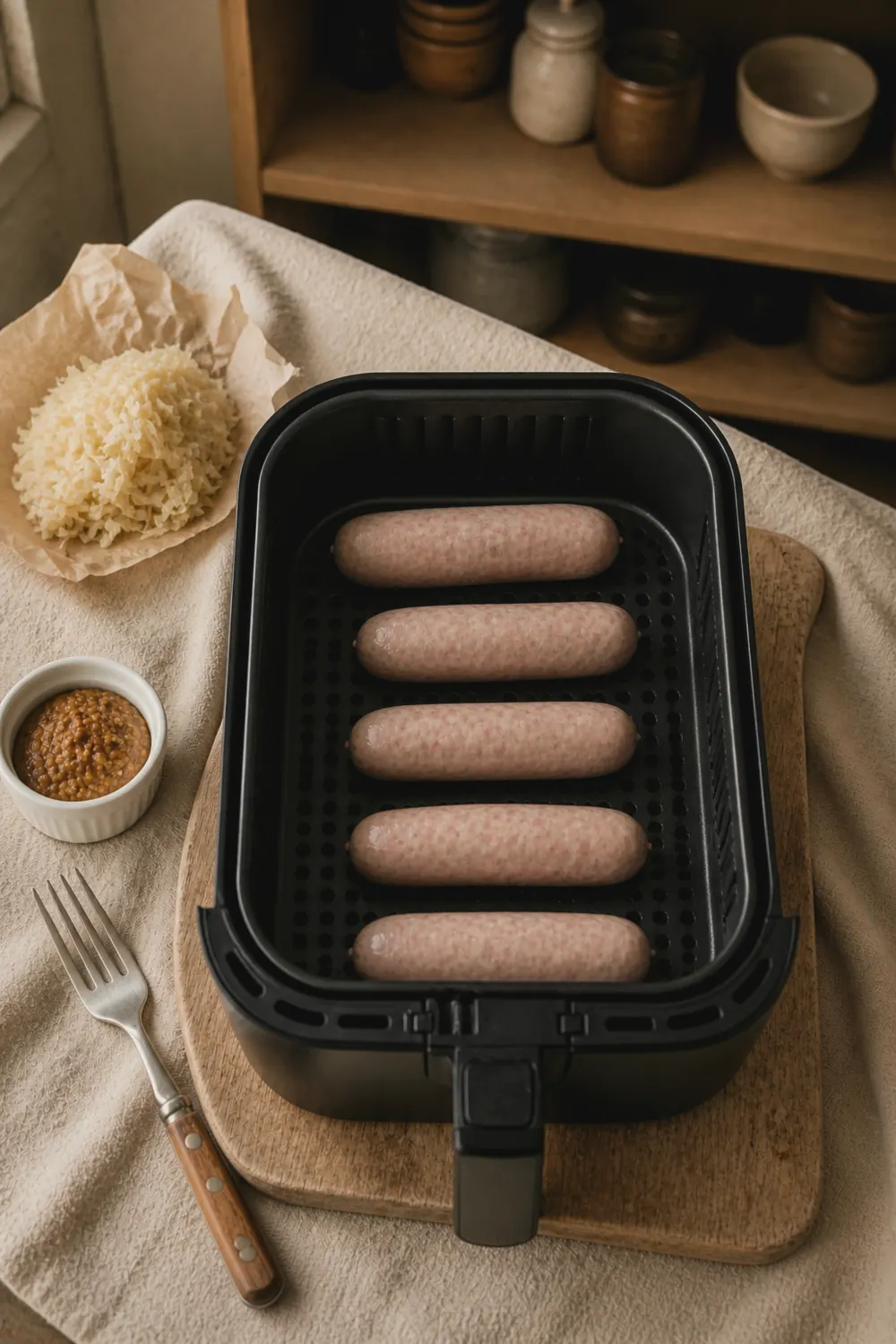 Raw bratwurst arranged in air fryer basket before cooking