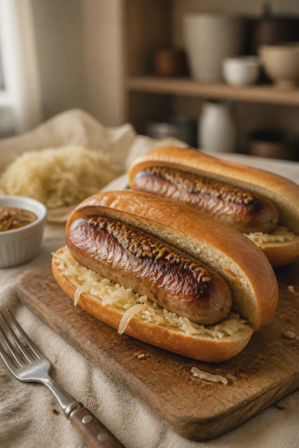 Golden-brown air fryer bratwurst in toasted hoagie buns with mustard and sauerkraut on a wooden board