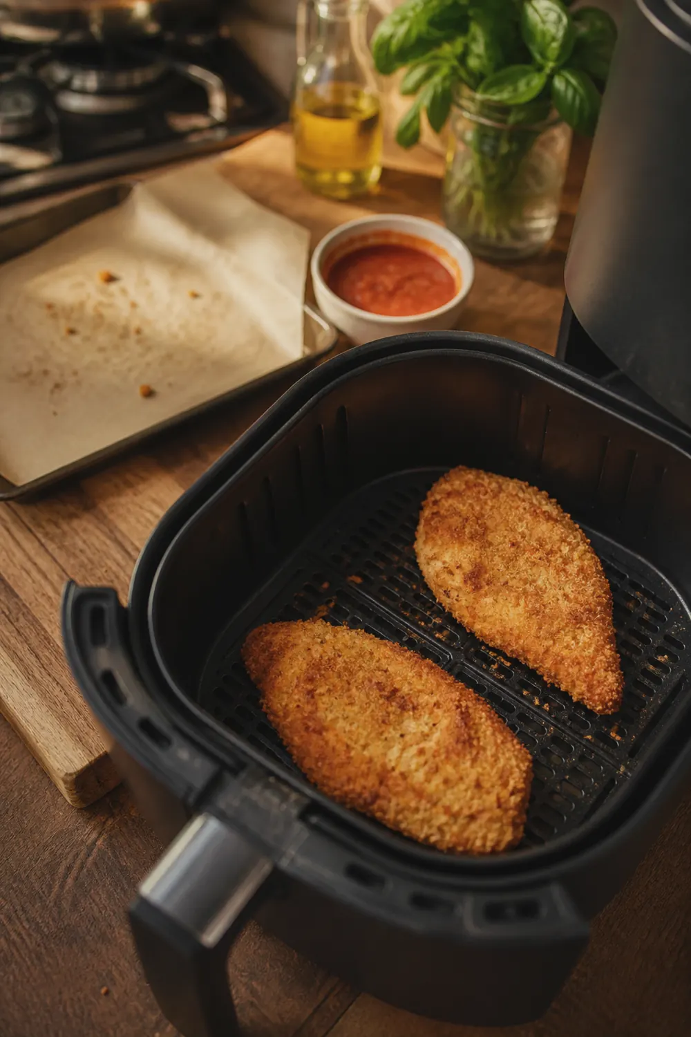 Crispy golden breaded chicken cutlets cooking inside an air fryer basket halfway through the cook time