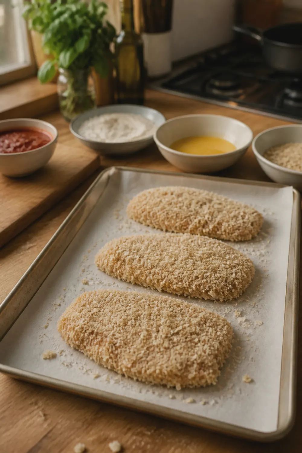 Chicken cutlets coated in golden panko breadcrumbs laid out on a parchment-lined cutting board ready for the air fryer