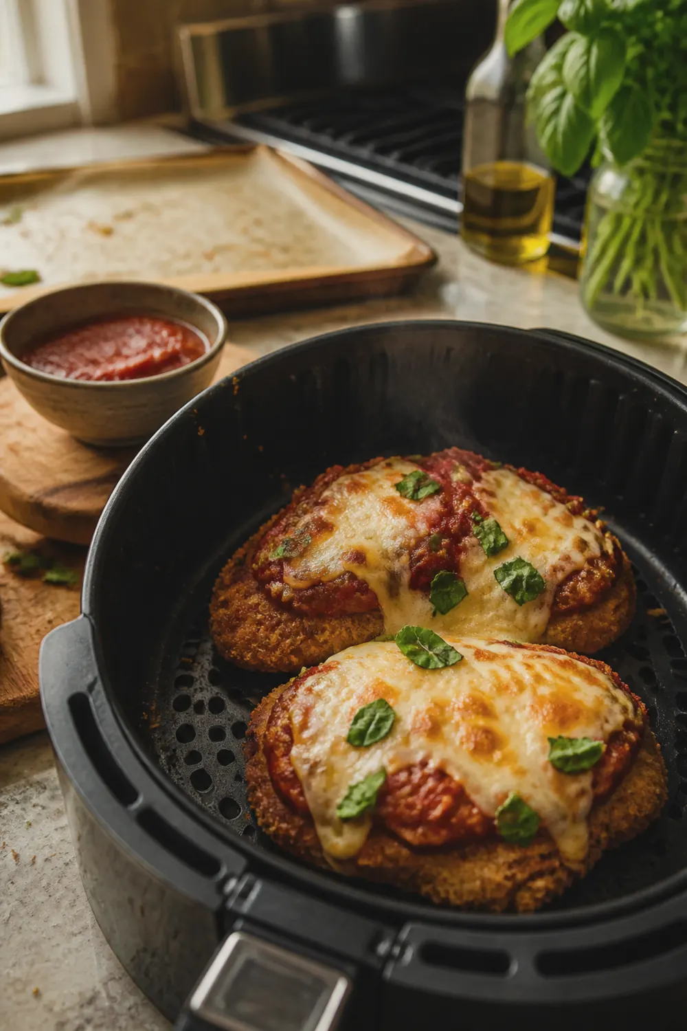 Finished air fryer chicken parmesan with melted bubbly mozzarella and marinara sauce on top fresh from the air fryer