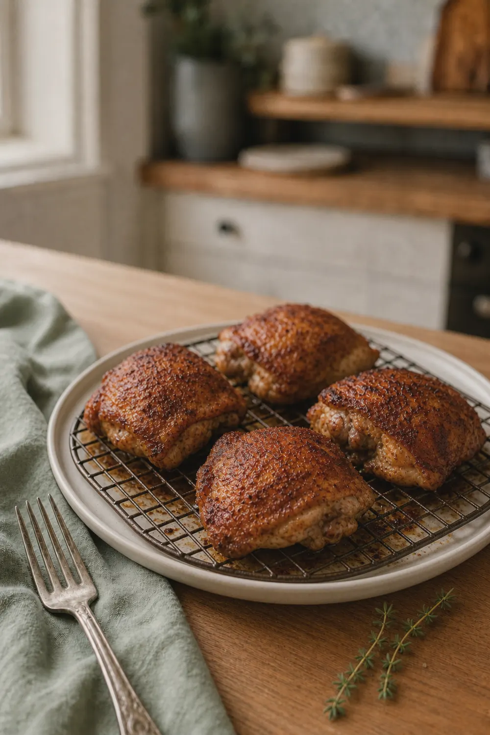 Golden crispy air fryer chicken thighs fresh from the air fryer resting on a wire cooling rack