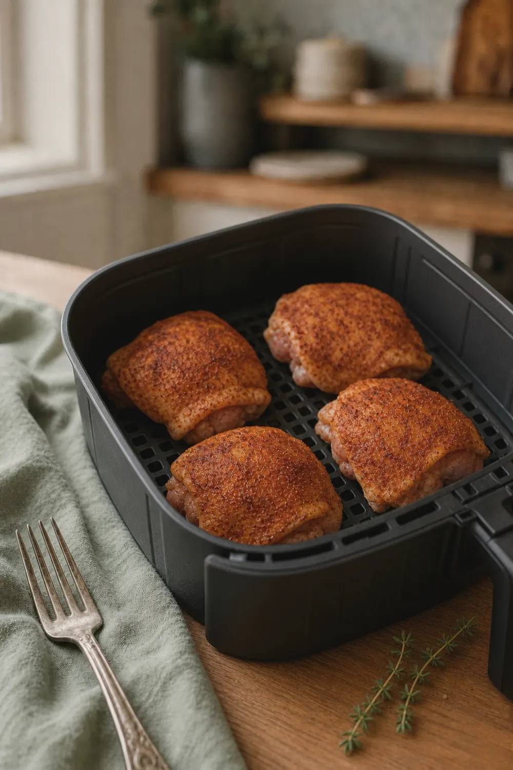 Seasoned chicken thighs arranged skin side up in a single layer inside an air fryer basket
