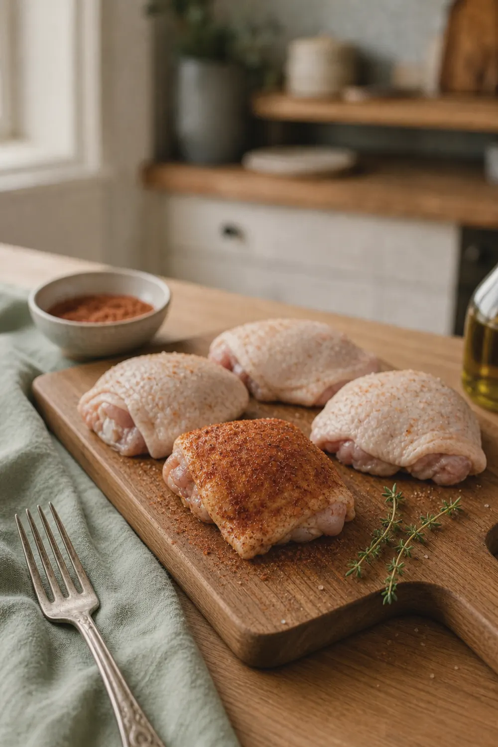 Raw chicken thighs on a cutting board being seasoned with a smoked paprika spice rub