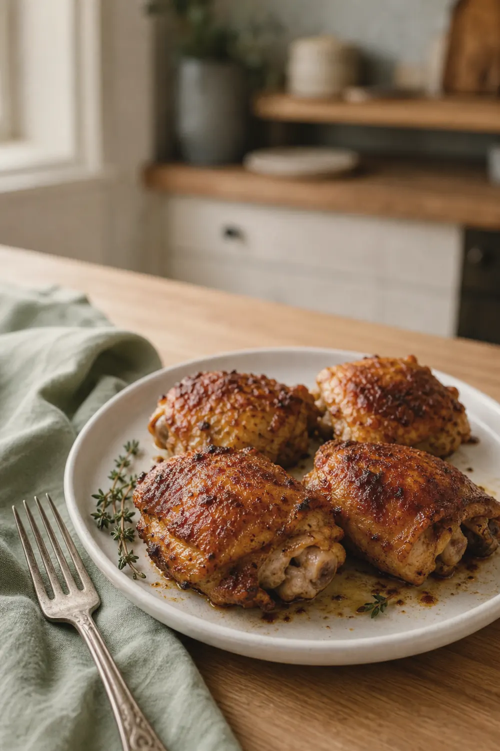 Golden crispy-skinned air fryer chicken thighs on a white plate with fresh herbs scattered nearby