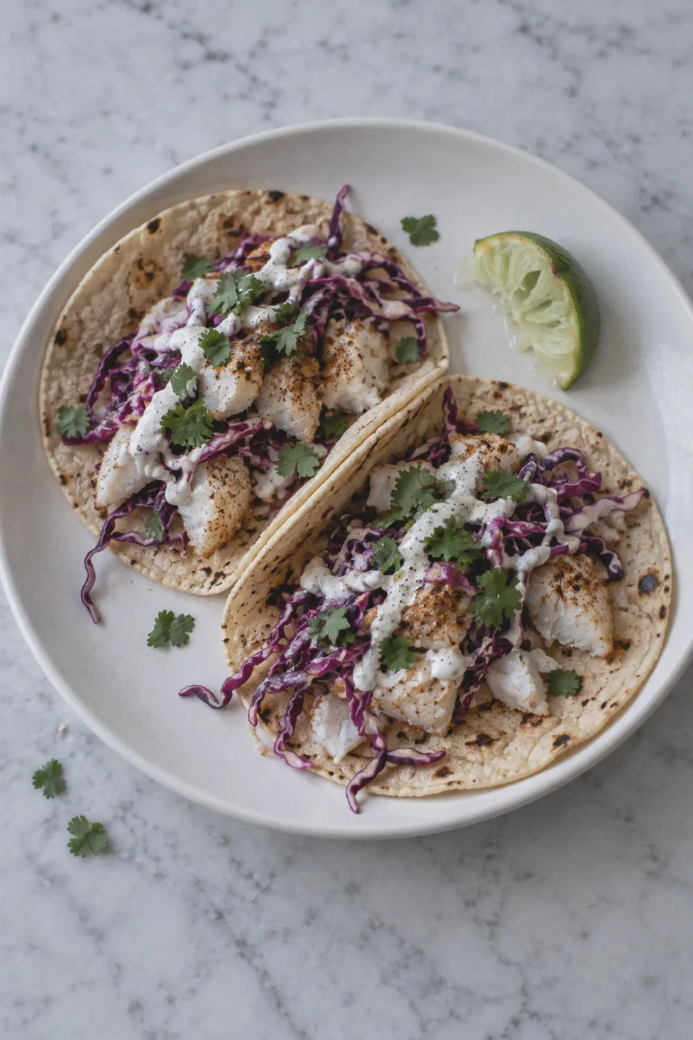 Assembled air fryer fish tacos with cabbage slaw and lime crema