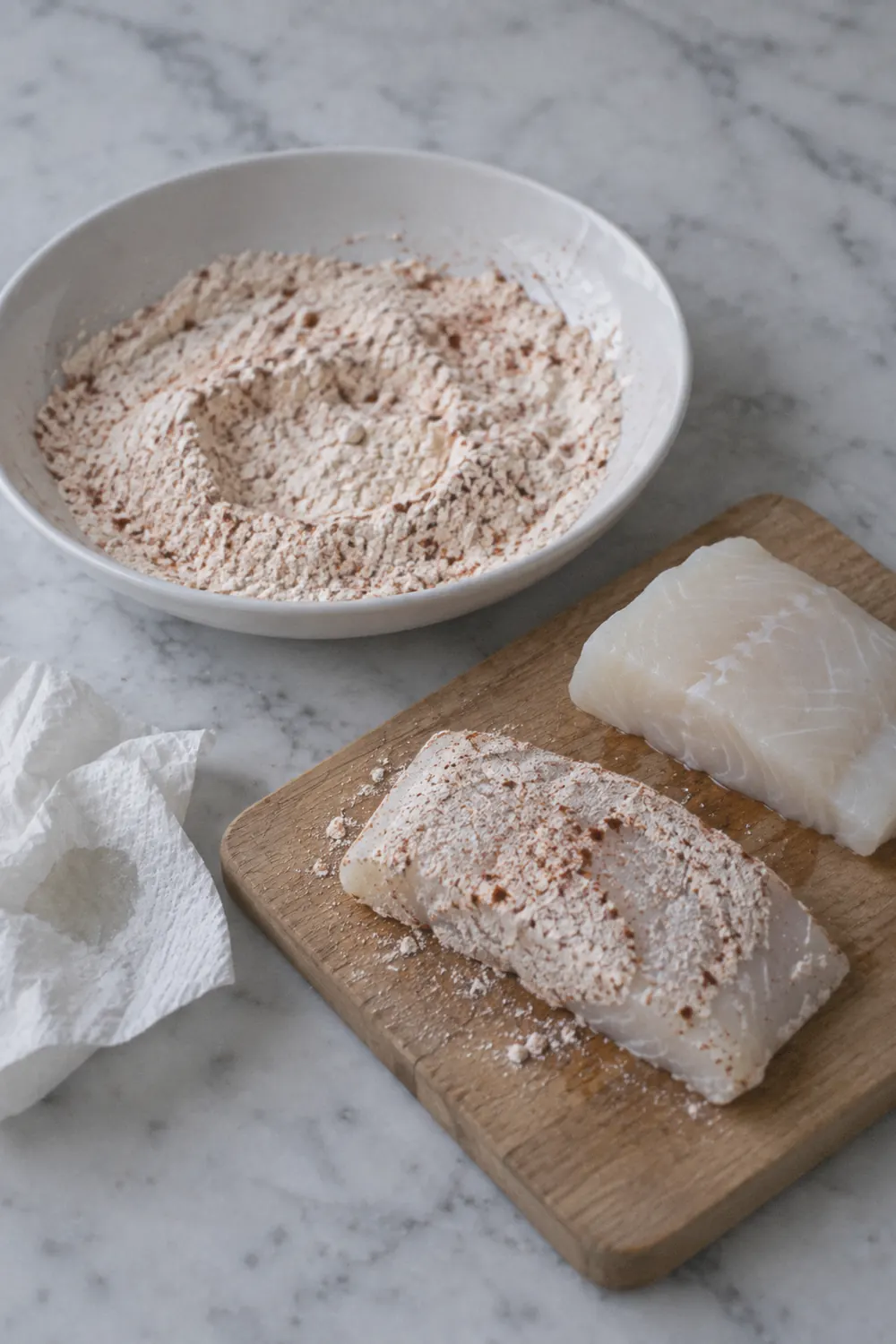 Seasoned flour in a shallow bowl next to dried cod fillets on a cutting board