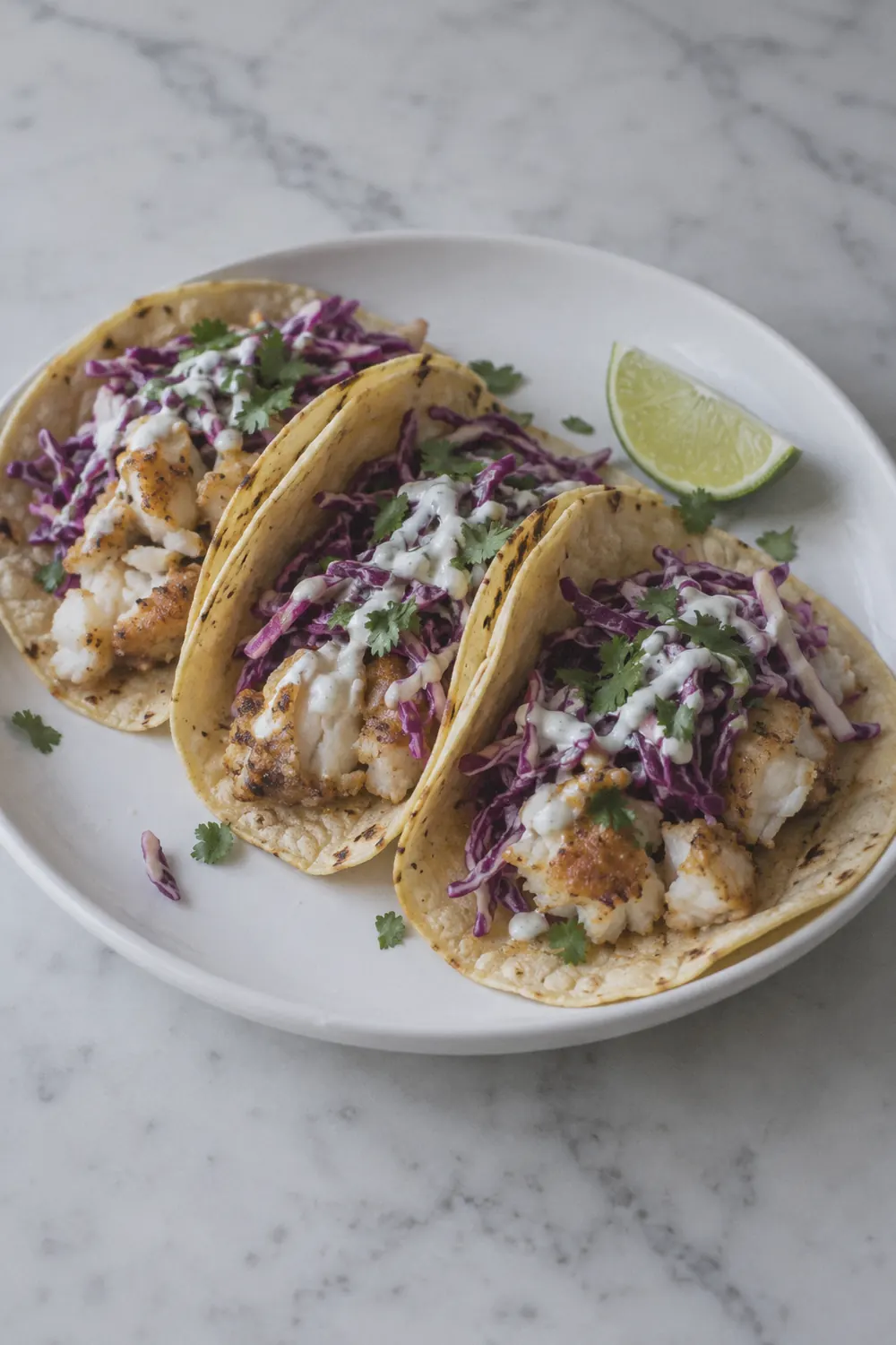 Air fryer fish tacos on a white plate with shredded purple cabbage slaw and a drizzle of lime crema, a few crumbs and sauce drips on the plate rim