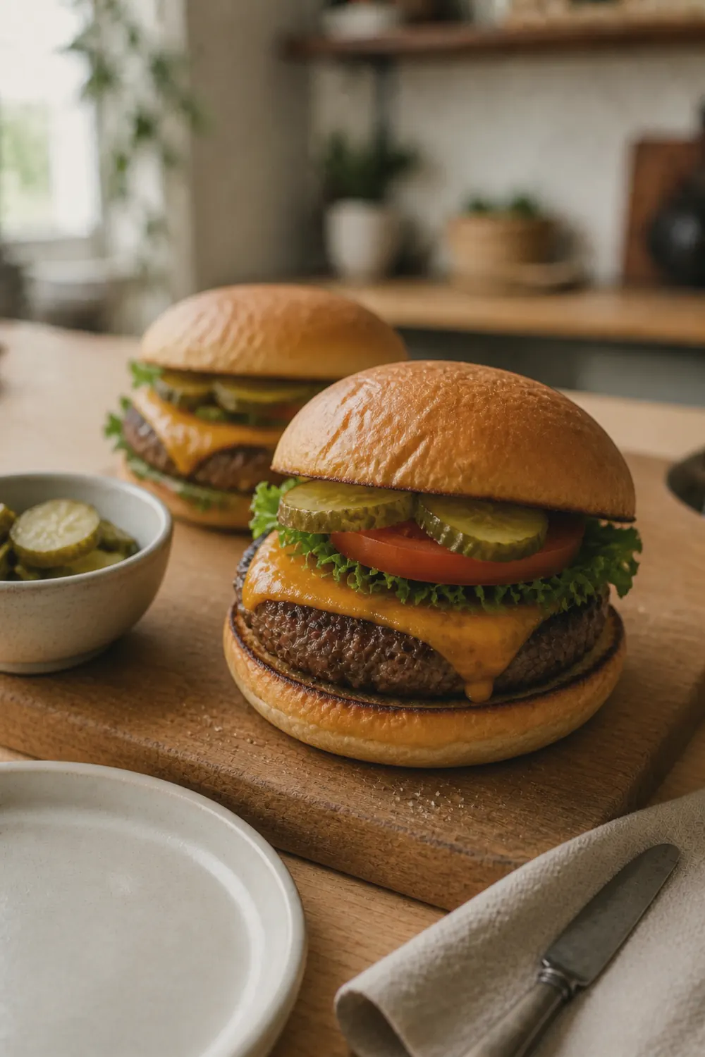 Finished air fryer hamburger assembled with cheese lettuce and tomato