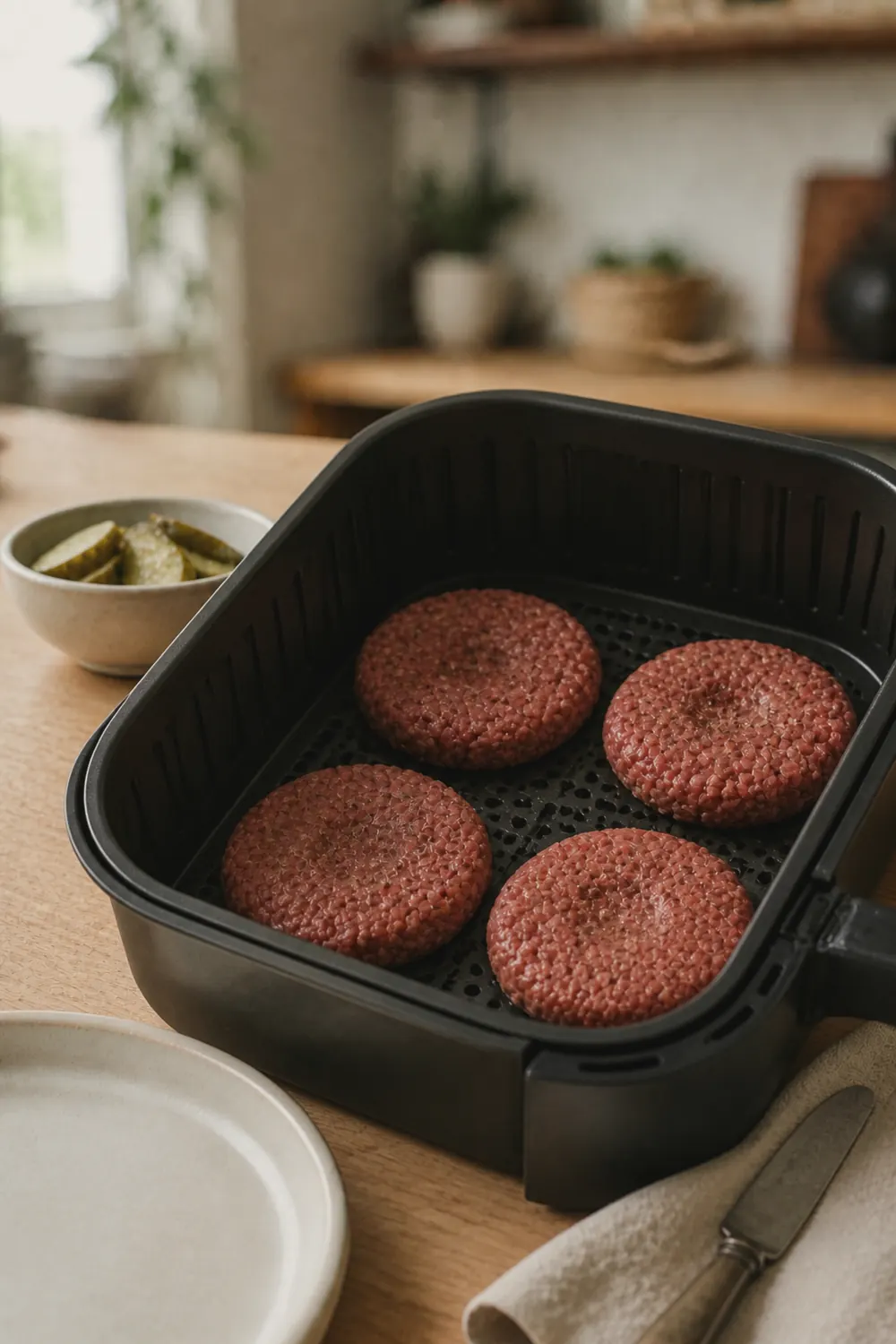 Seasoned burger patties placed in air fryer basket ready to cook