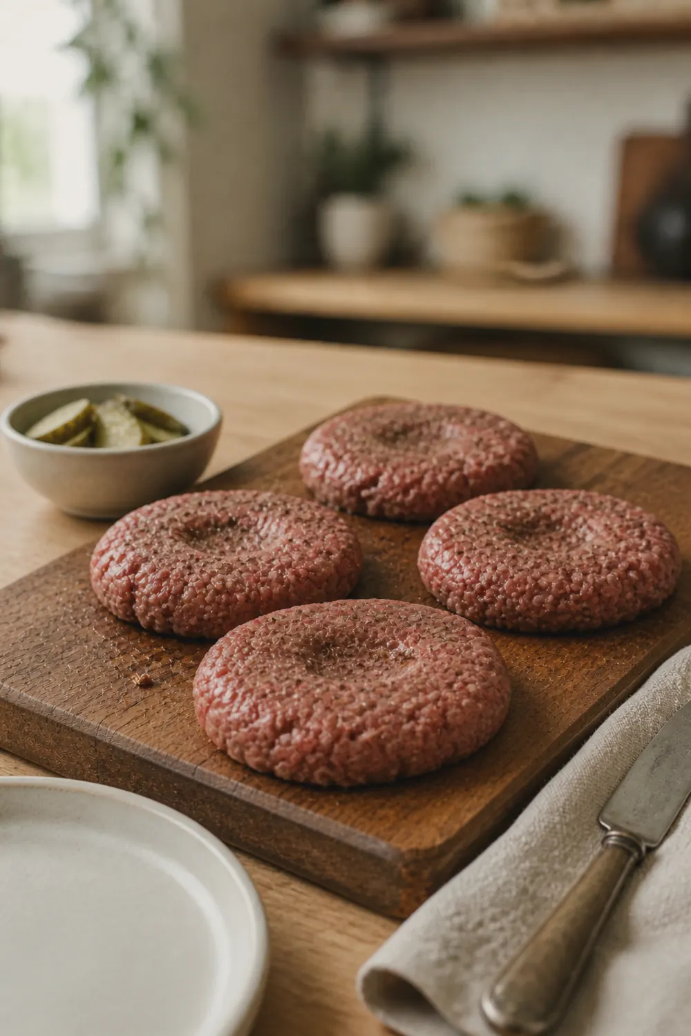 Seasoned ground beef patties shaped on cutting board before cooking