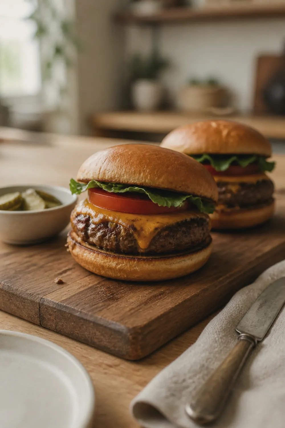 Juicy air fryer hamburger on a toasted bun with lettuce and tomato on a wooden cutting board