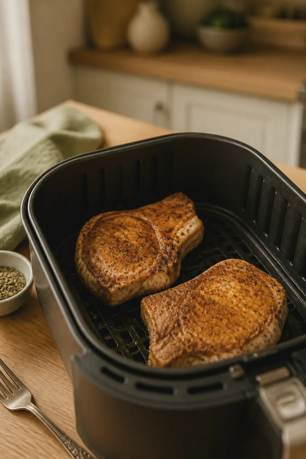 Pork chops mid-cook in the air fryer basket showing golden crust forming on the top side