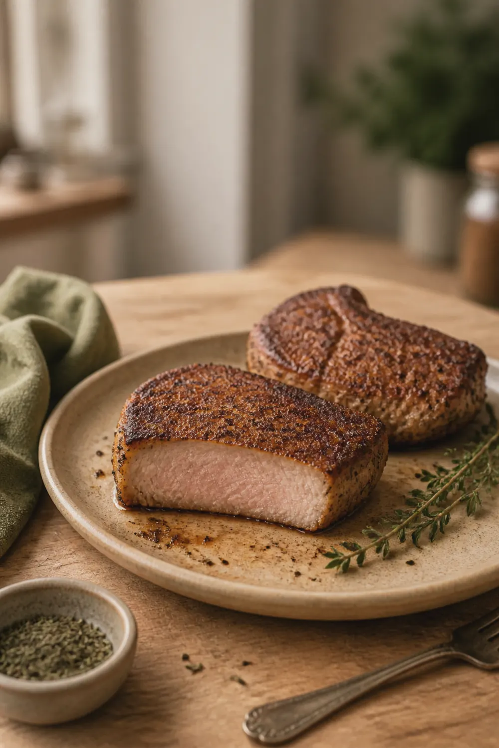 Finished golden pork chops resting on a warm ceramic plate with a sprig of fresh thyme