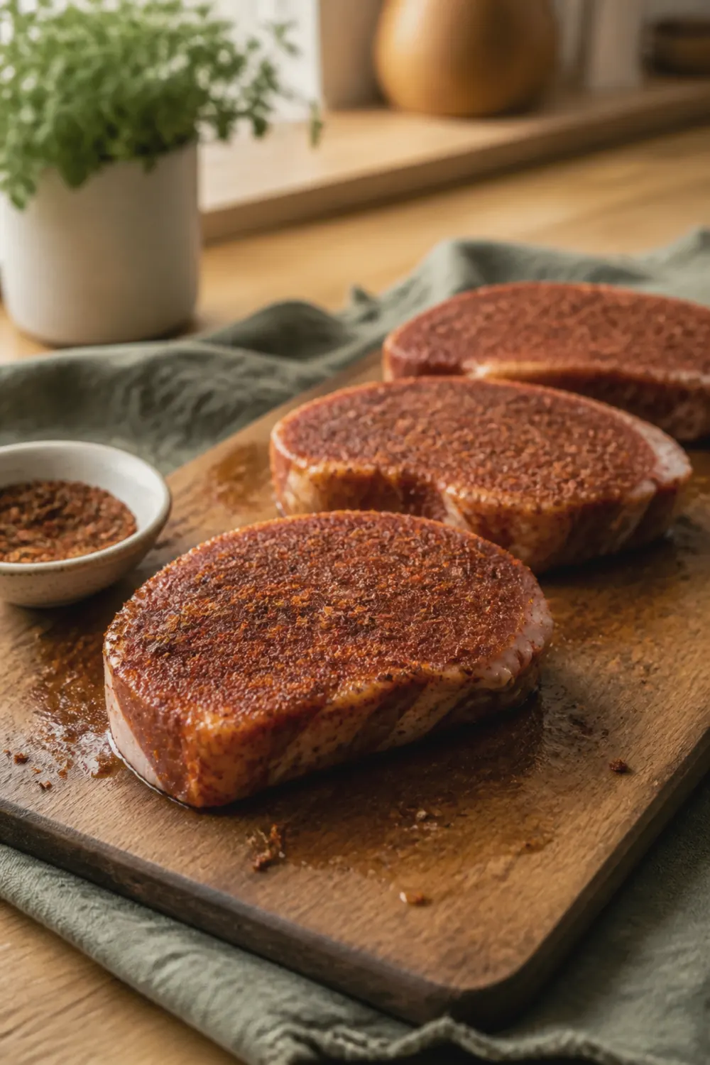 Seasoned raw pork chops with a smoky spice rub pressed onto the surface on a wooden cutting board