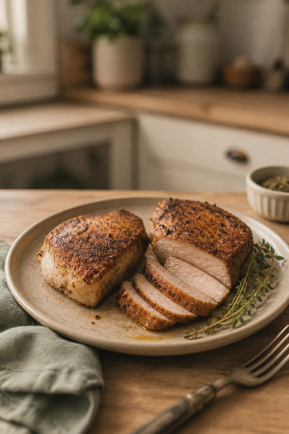 Golden crusted air fryer pork chops resting on a warm-toned plate with fresh herbs