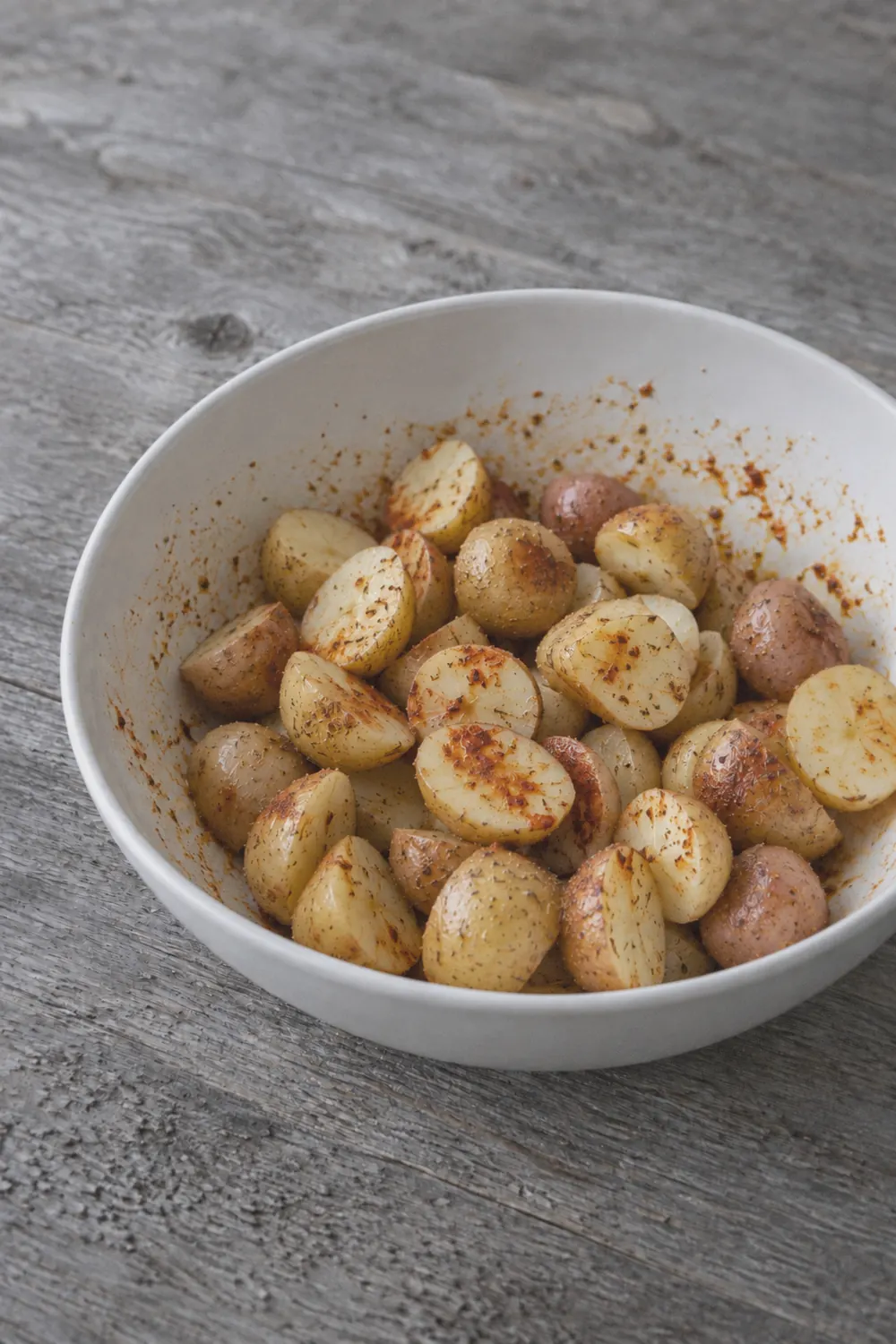 Halved baby potatoes and seasonings arranged on a weathered grey wood surface