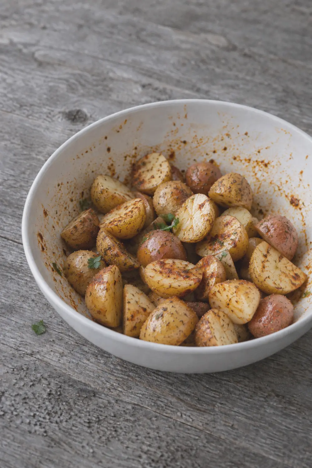 Seasoned potato halves being tossed in a large bowl