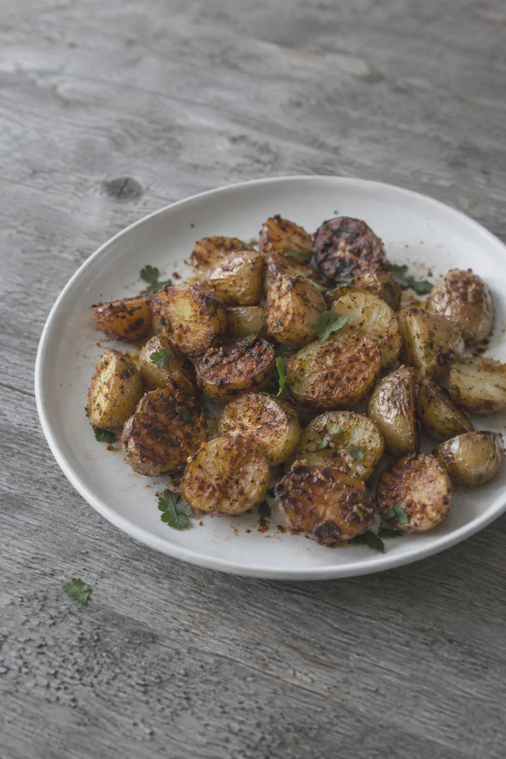 Air fryer potatoes with crispy golden edges and herbs on a white plate