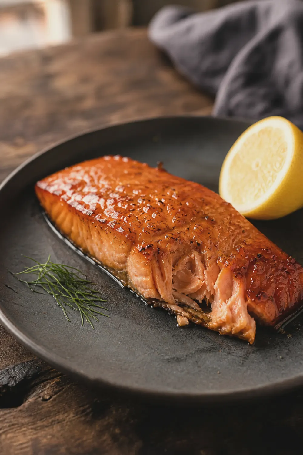 Caramelized air fryer salmon fillets resting on a dark plate with golden glaze and flaky texture visible