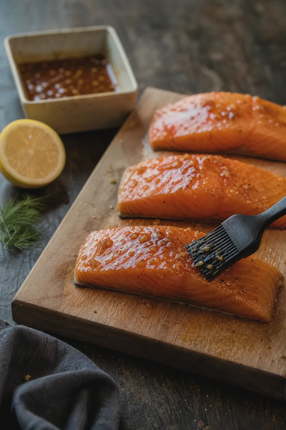 Salmon fillets on a cutting board being brushed with honey soy glaze