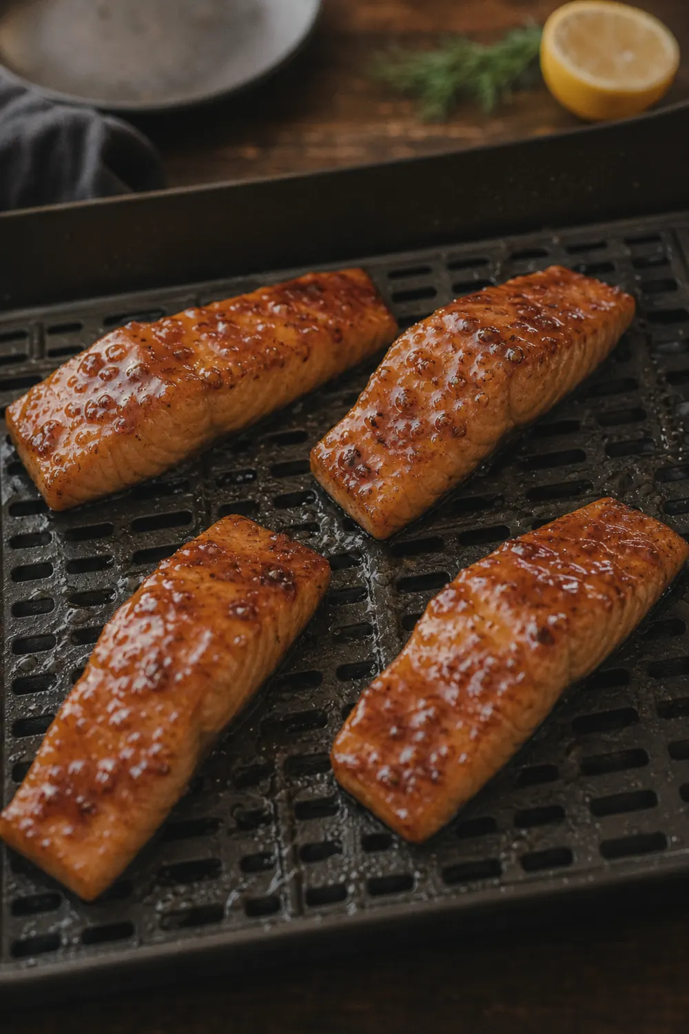 Glazed salmon fillets arranged skin side down in an air fryer basket with space between each piece