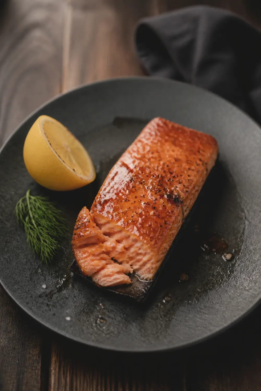 Glazed air fryer salmon fillet on a dark ceramic plate with a wedge of lemon and fresh dill
