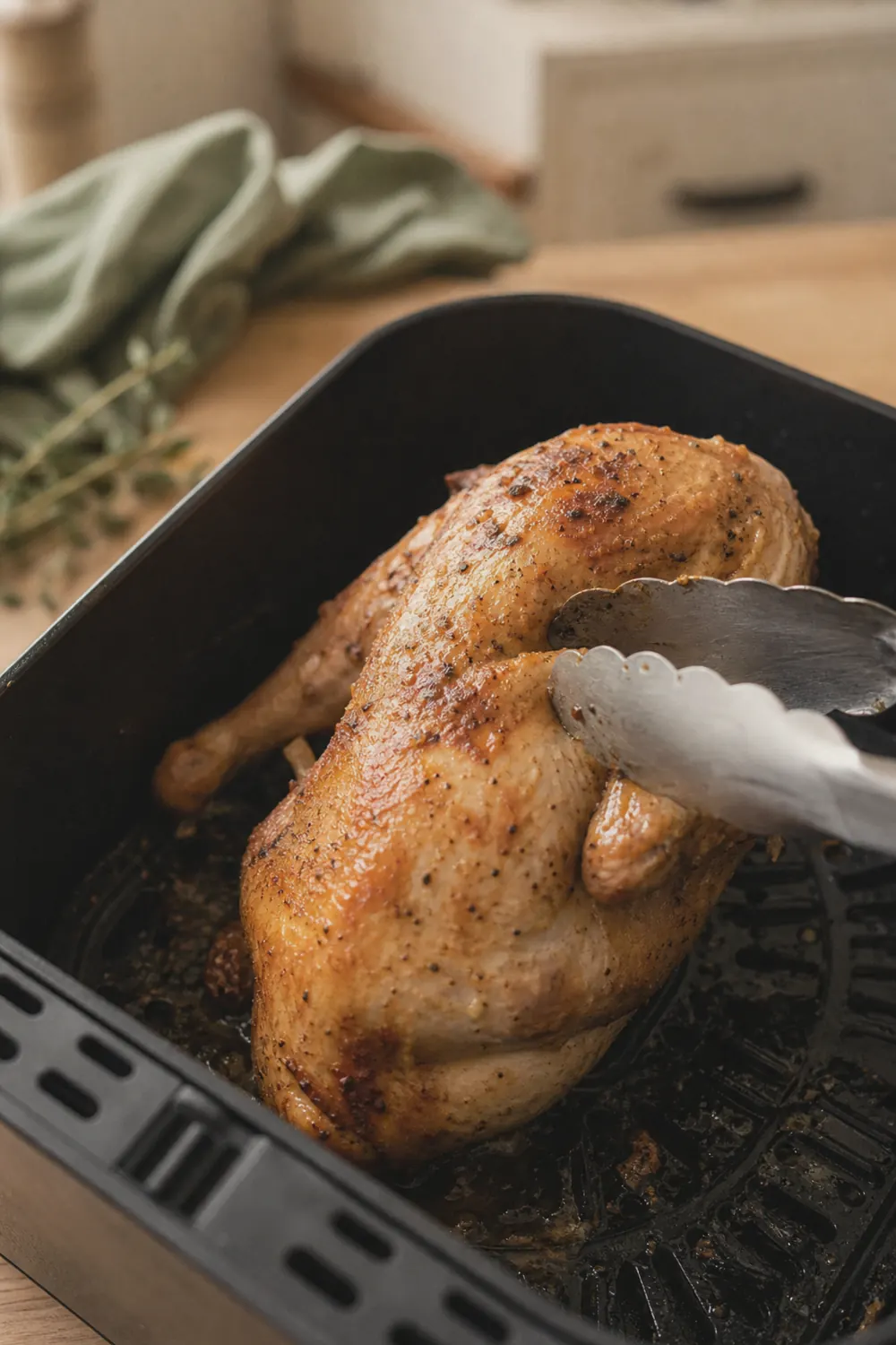 Partially cooked whole chicken being flipped in an air fryer basket, golden skin visible on the breast-down side