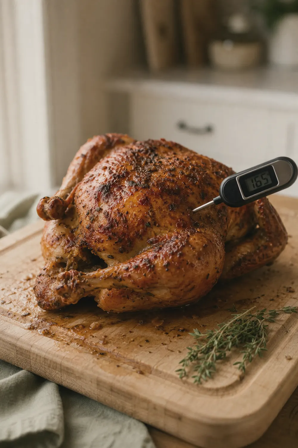 Golden crispy air fryer whole chicken resting on a wooden cutting board with a thermometer inserted in the thigh
