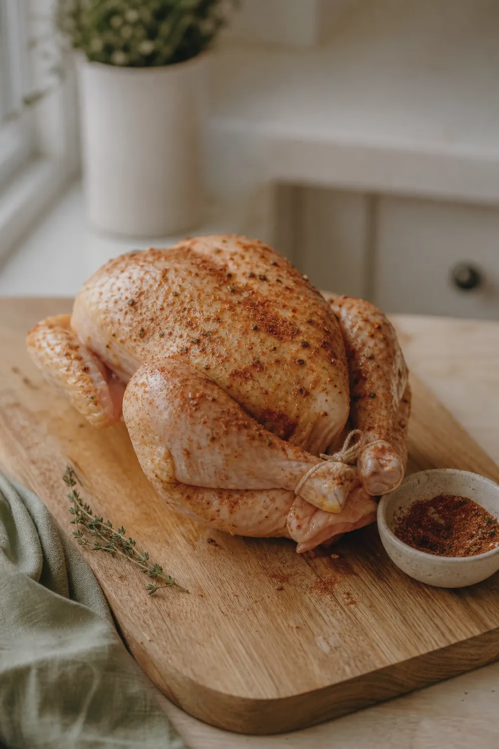 Raw whole chicken on a cutting board being rubbed with a smoked paprika spice blend, kitchen twine tied around the legs