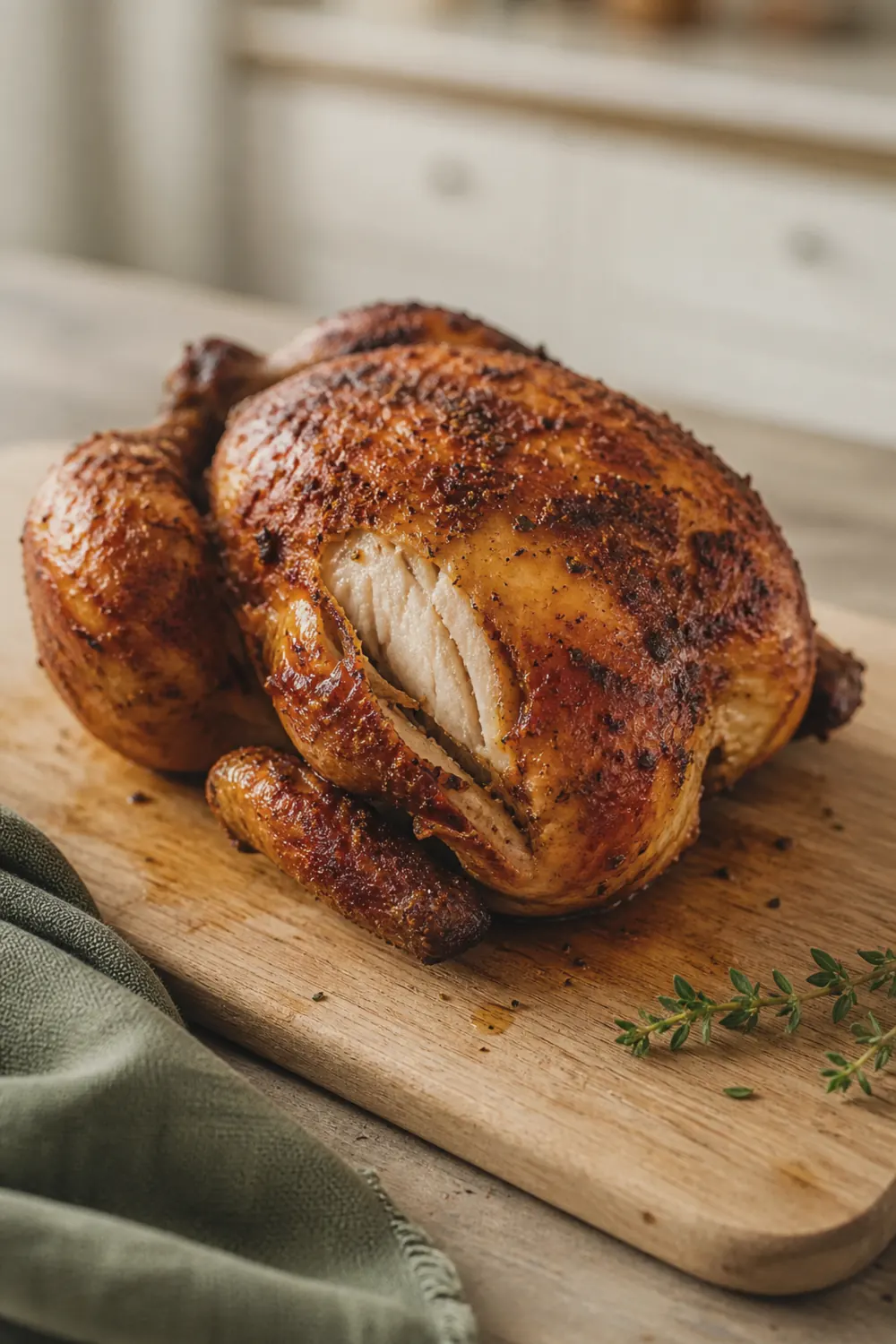 Golden crispy air fryer whole chicken on a wooden cutting board, one leg pulled back to show juicy meat