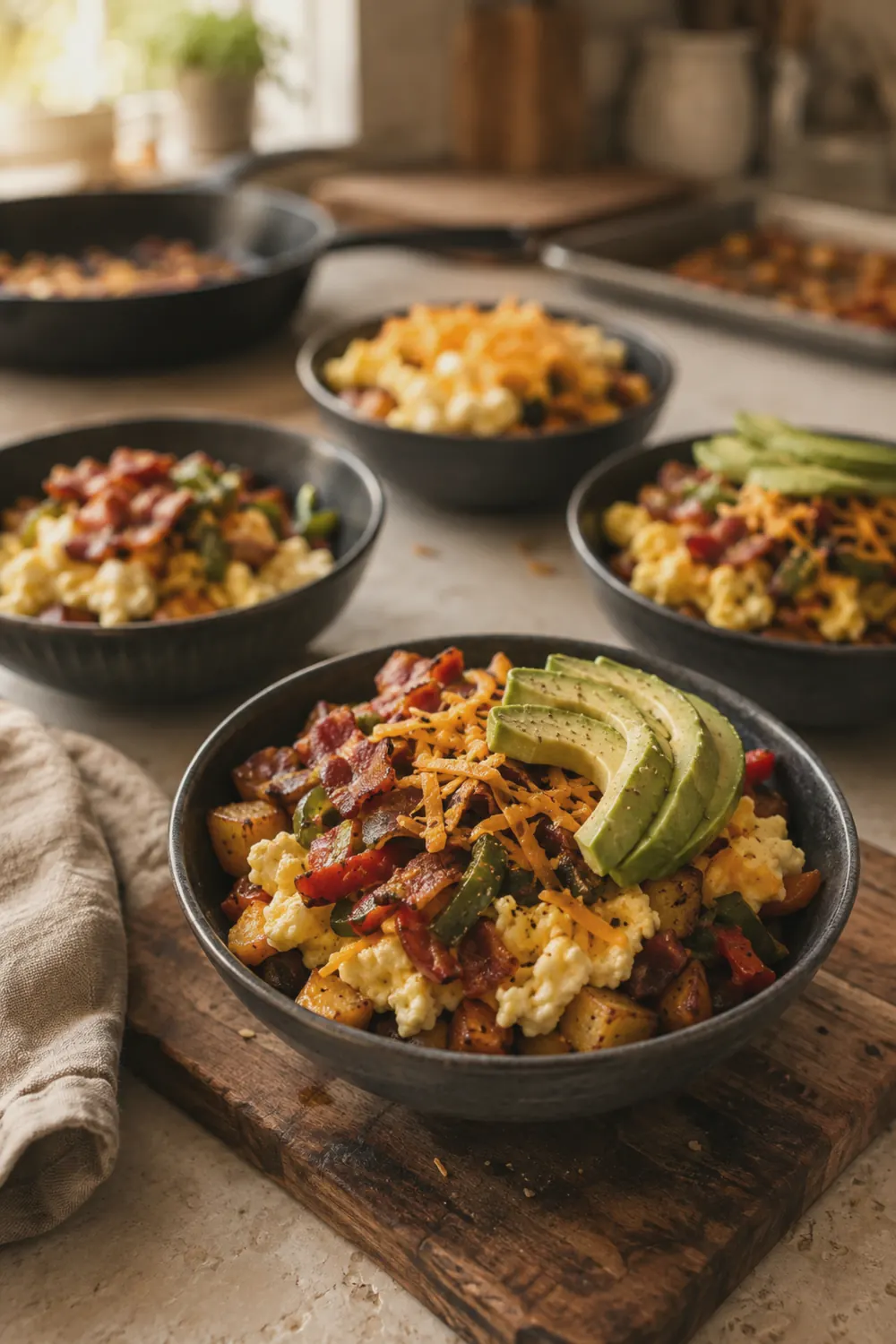 Assembled breakfast bowls with all toppings arranged over crispy potatoes