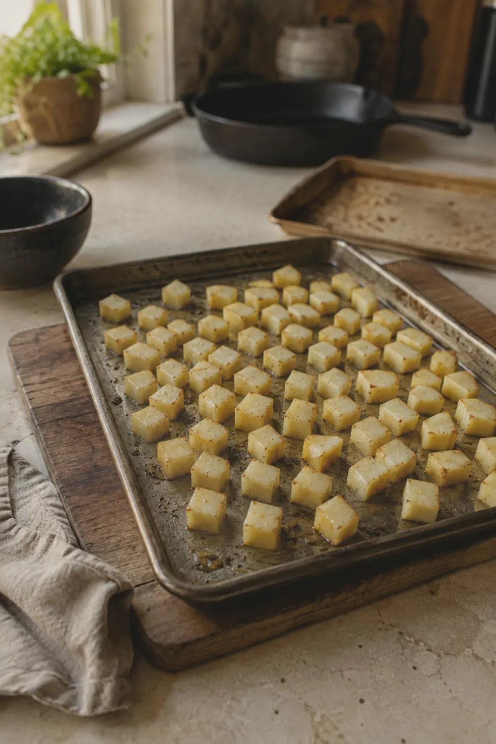 Cubed gold potatoes tossed with spices on a sheet pan before roasting