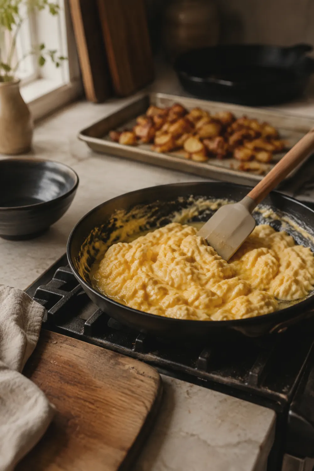 Scrambled eggs cooking in a skillet with large soft curds forming