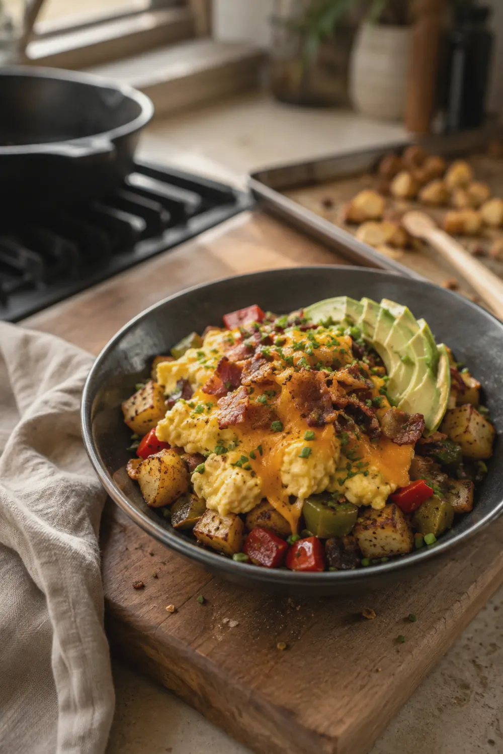 A hearty breakfast bowl with crispy roasted gold potatoes, soft scrambled eggs, crumbled bacon, diced sautéed peppers, shredded cheddar cheese, and sliced avocado, served in a wide ceramic bowl on a wooden table with morning light.