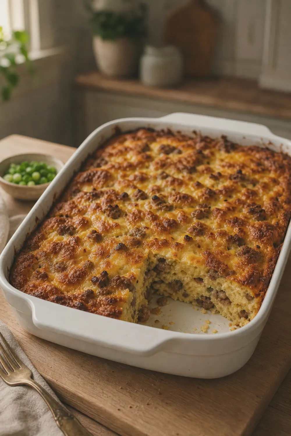 Finished golden breakfast casserole with sausage in a white baking dish, puffed and golden brown on top with melted cheese