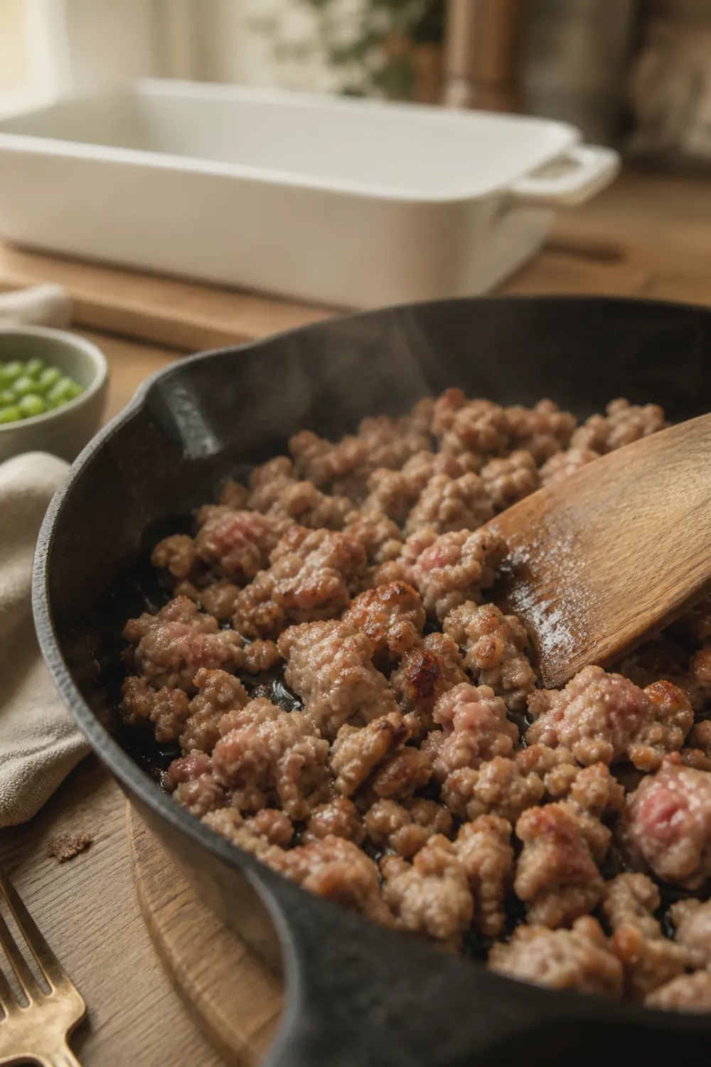 Pork breakfast sausage crumbles browning in a cast iron skillet with a wooden spatula, the meat deeply golden on the edges