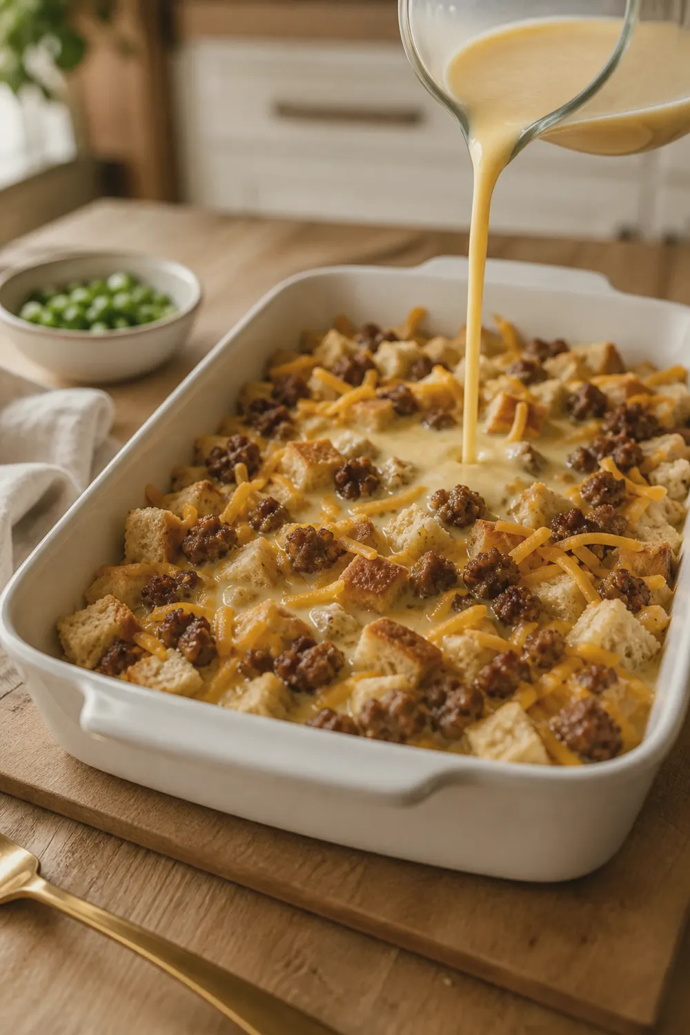 Egg and milk custard being poured over layers of bread cubes, sausage, and cheddar in a white baking dish
