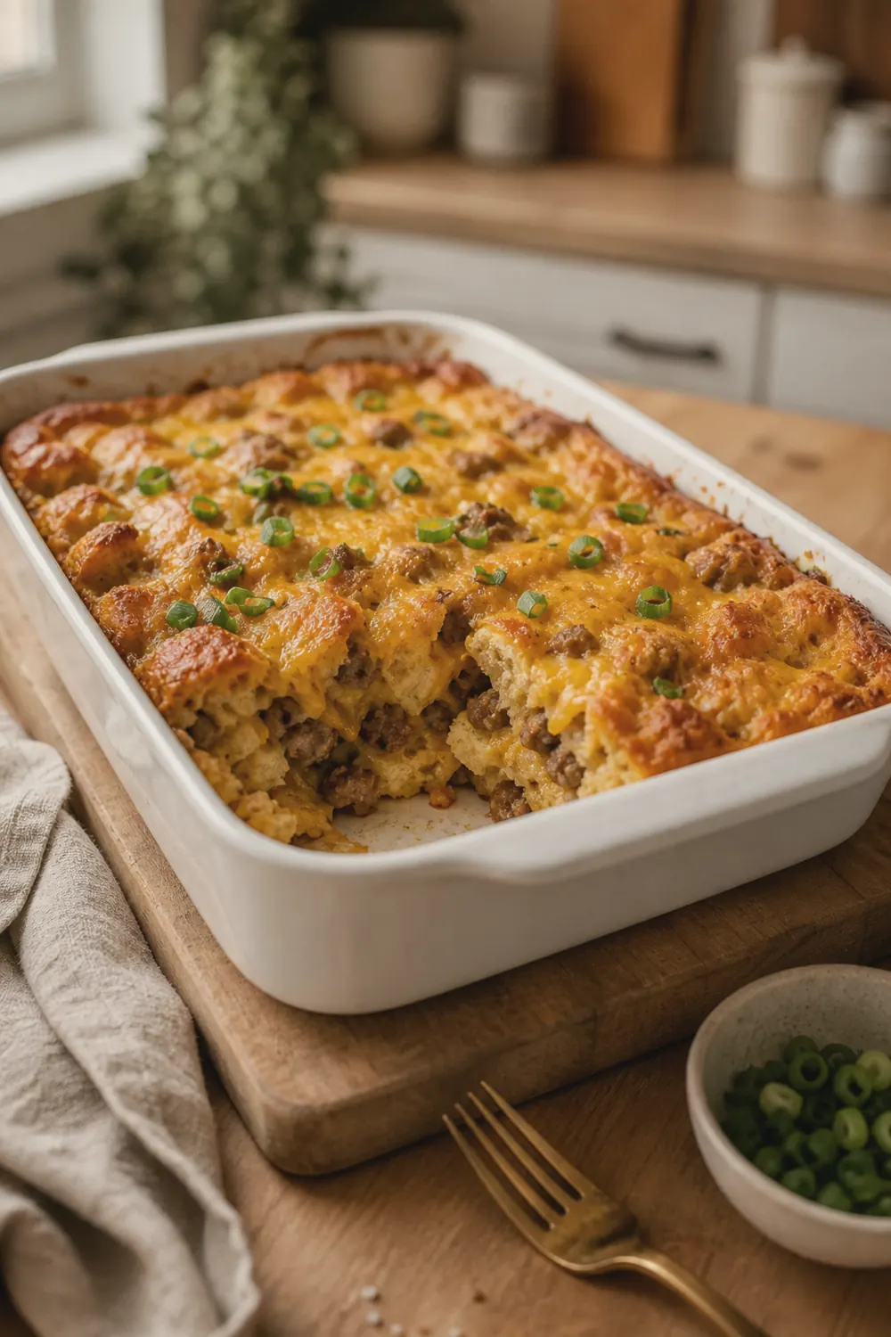 A golden breakfast casserole with sausage and melted cheese in a white baking dish, one square scooped out to show layers of bread, egg, and browned sausage.