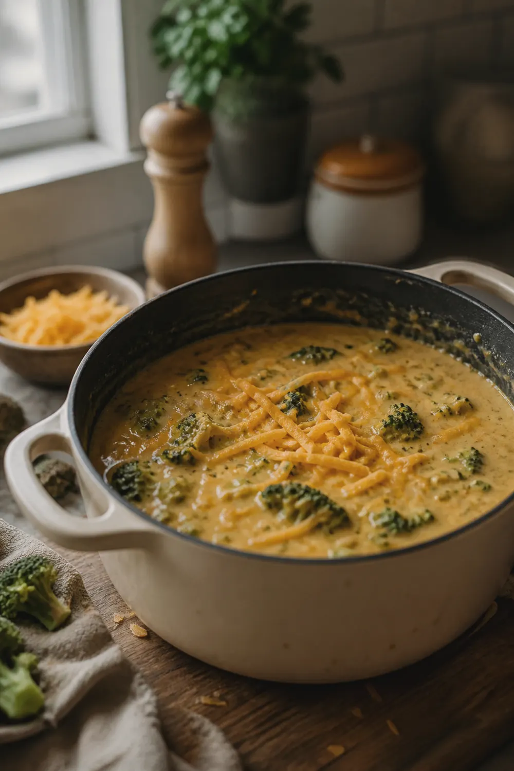 Thick broccoli cheddar soup in a Dutch oven with melted orange cheddar fully incorporated, showing a smooth creamy texture with tender broccoli florets