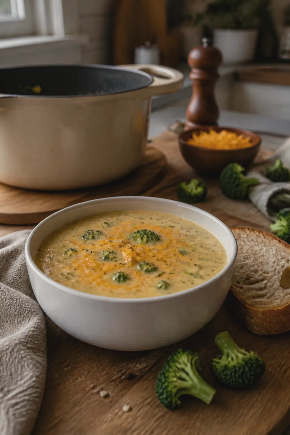 A bowl of thick broccoli cheddar soup with visible broccoli florets and melted cheddar on top, served on a wooden table with a slice of crusty bread beside it.
