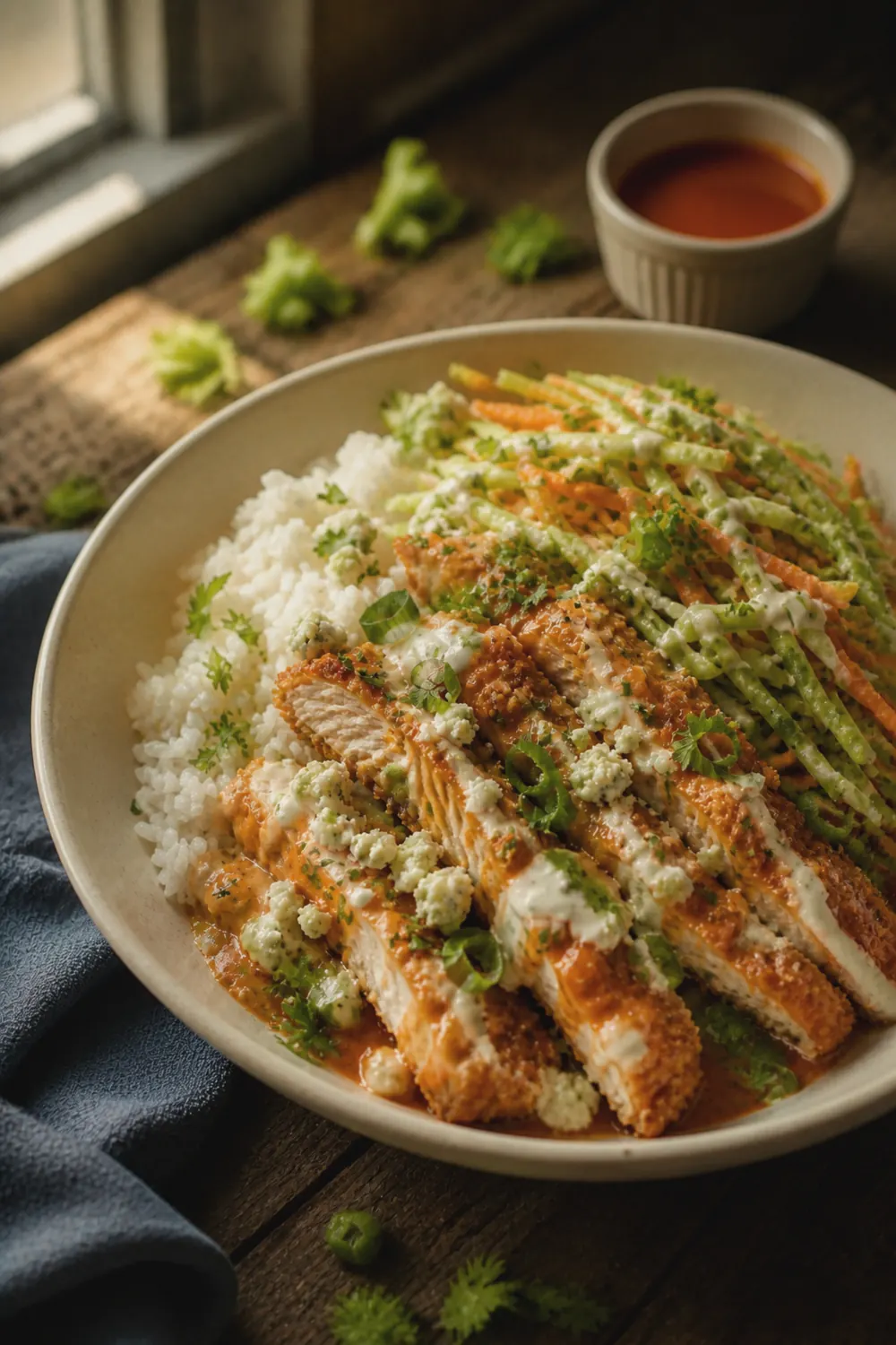 A fully assembled buffalo chicken bowl with sauced chicken strips, white rice, celery and carrot slaw, blue cheese crumbles, ranch drizzle, and green onions in a wide ceramic bowl