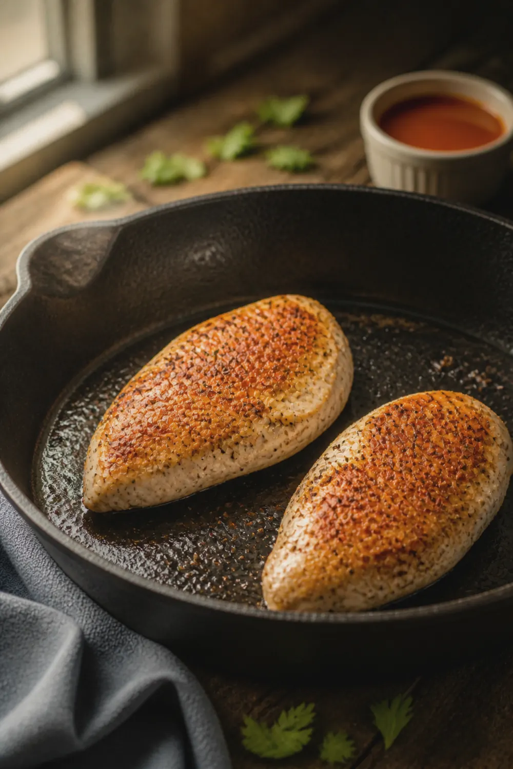 Golden-brown chicken breasts searing in a cast iron skillet with light oil shimmer visible on the surface