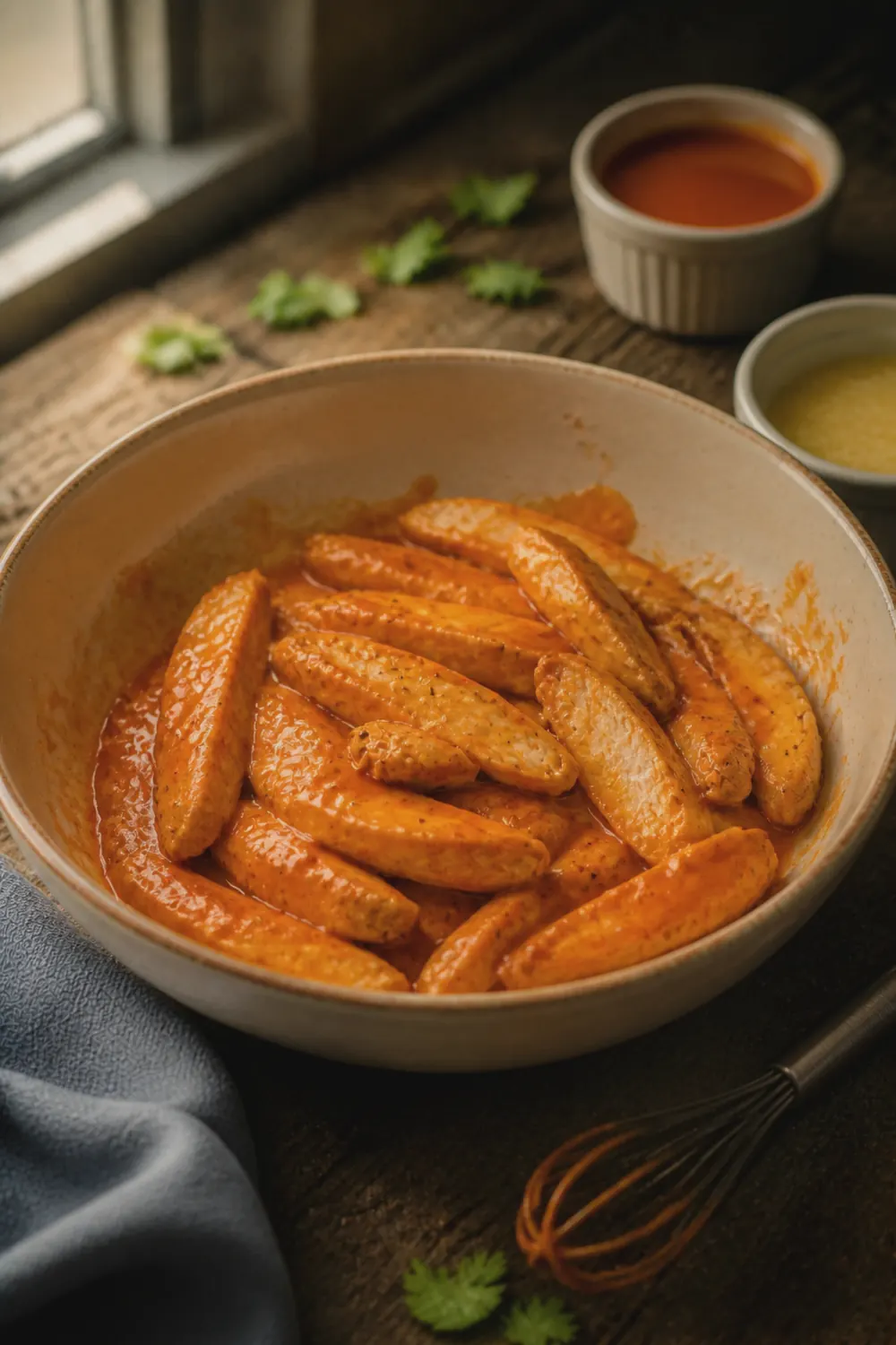 Sliced chicken strips coated in glossy orange buffalo sauce inside a ceramic mixing bowl