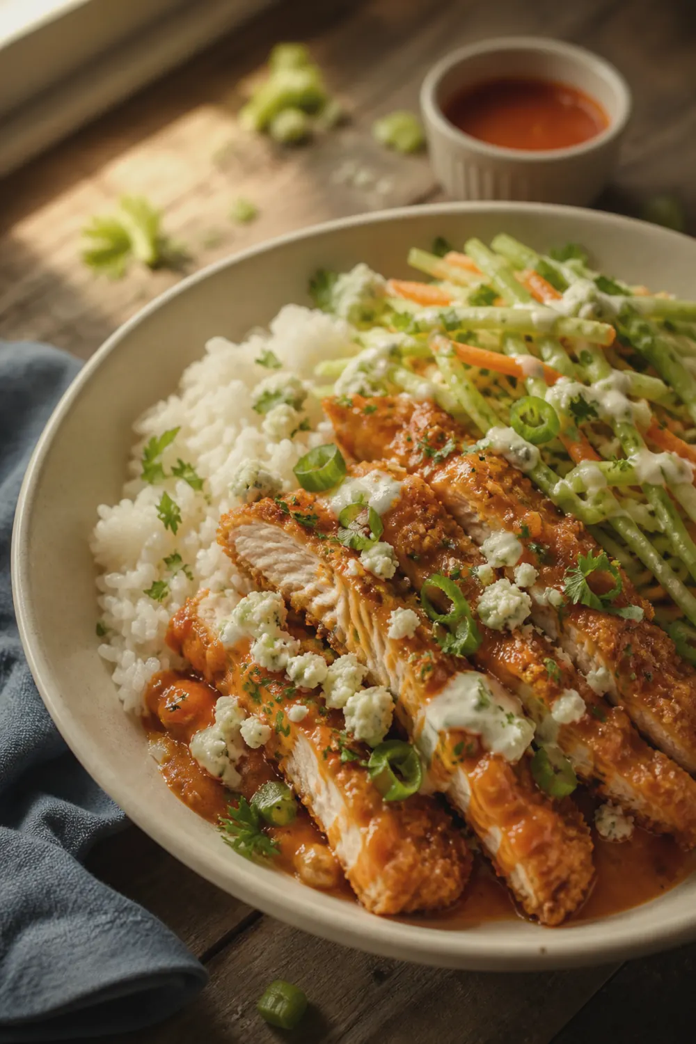 A buffalo chicken bowl with sliced crispy chicken coated in orange buffalo sauce, white rice, shredded celery slaw, crumbled blue cheese, and a drizzle of ranch dressing in a wide ceramic bowl on a wooden table.