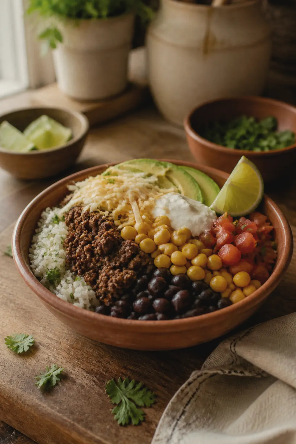 A fully assembled burrito bowl with seasoned beef, black beans, corn, avocado, cheese, and sour cream arranged in sections over cilantro-lime rice