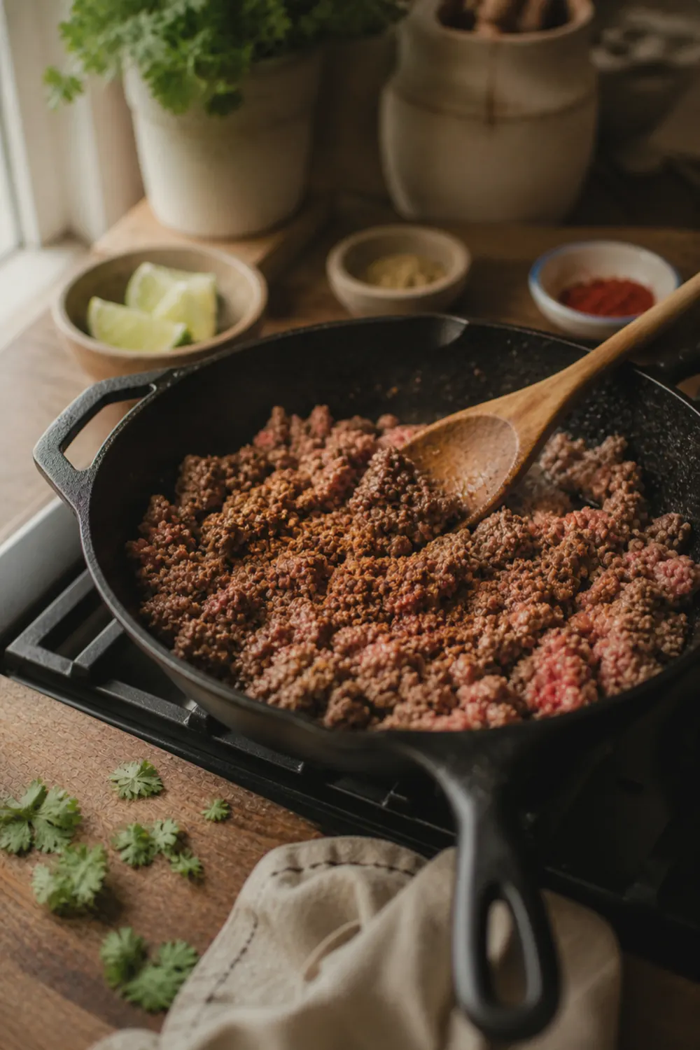 Seasoned ground beef crumbles browning in a cast iron skillet on a stovetop