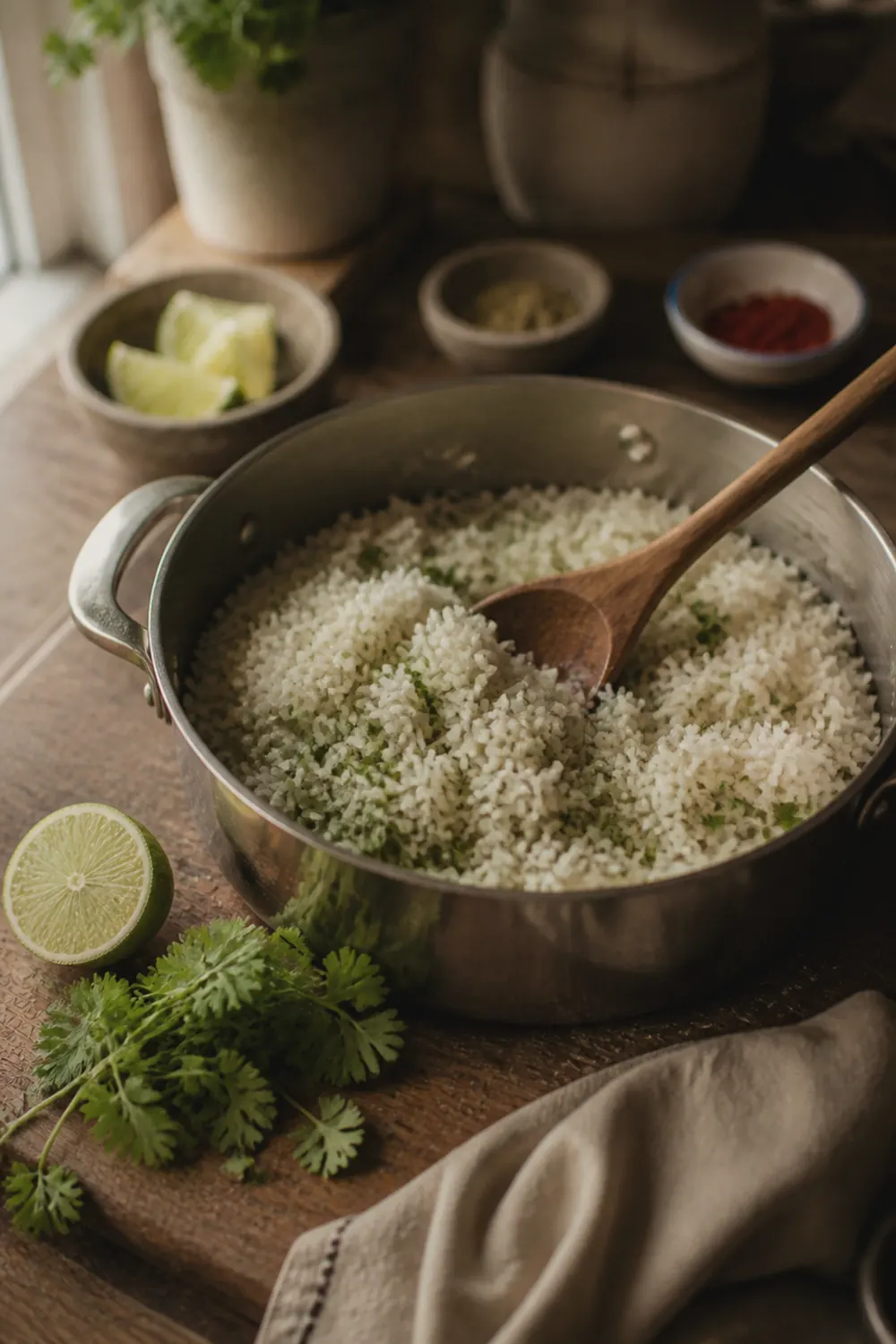 Cilantro-lime rice being stirred in a pot with a wooden spoon, fresh cilantro and lime halves nearby